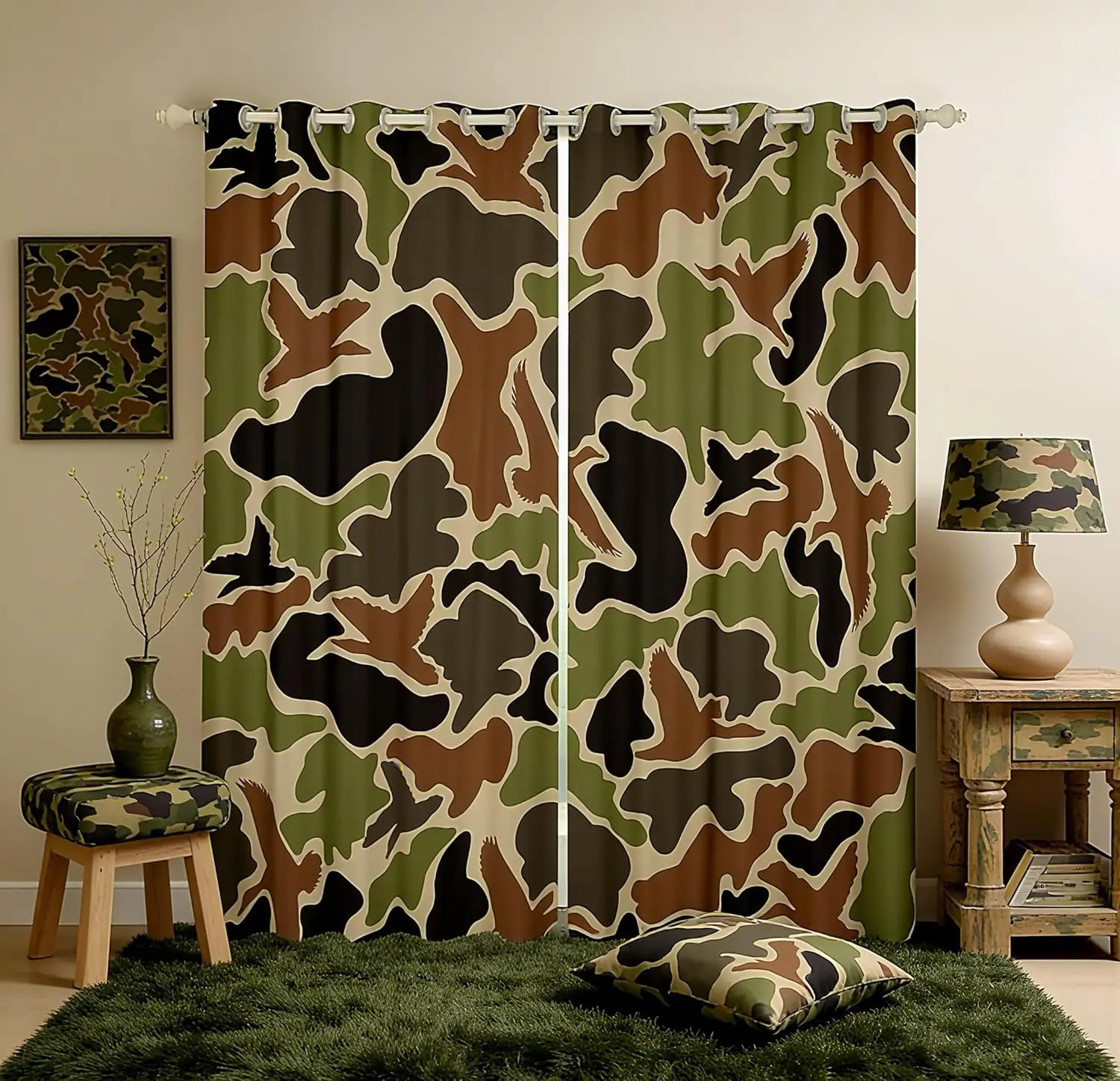 Feelyou Duck Hunter Green Camouflage Hunting Grommet Curtains - 30%-50% Darkening Blackout Curtains with Black Brown Camo Army Design, Home Decoration Wild Window Treatments, Home Decoration Curtain
