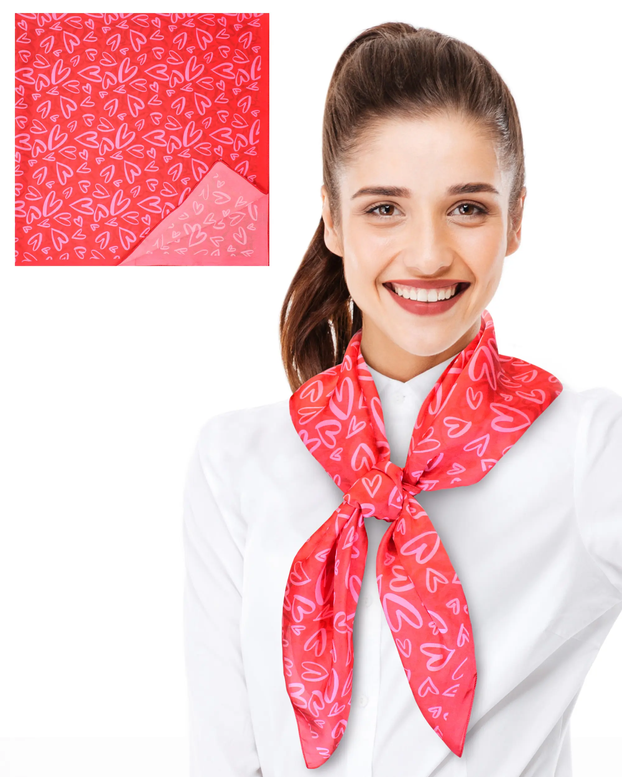 CBC Crown Unisex Silk-Feeling Doodle Heart Scarf - 35"x35" Red, Lightweight All-Seasons Casual Valentine's Day Fashion Accessory