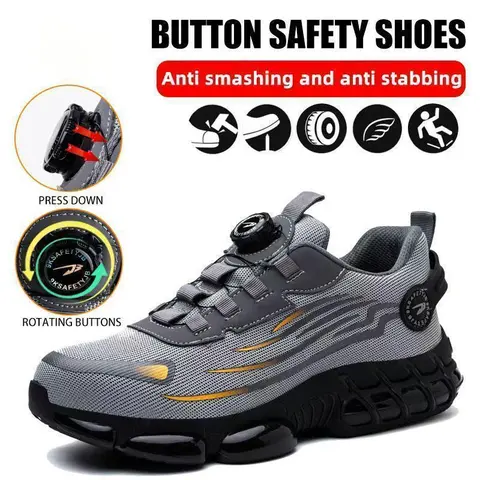 Men's Closed Lace-Up Low Top Safety Footwear, Rotating Button Worker Shoes with Piercing & Smashing Protection, Contrast Mesh Breathable Casual Lightweight Anti-Slip Walking Shoes for Outdoor Work