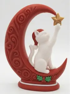 Adorable 3D Printed Cat on Moon Christmas Figurine Santa Cat Reaching for Star High-Quality Durable Design for Festive Decor