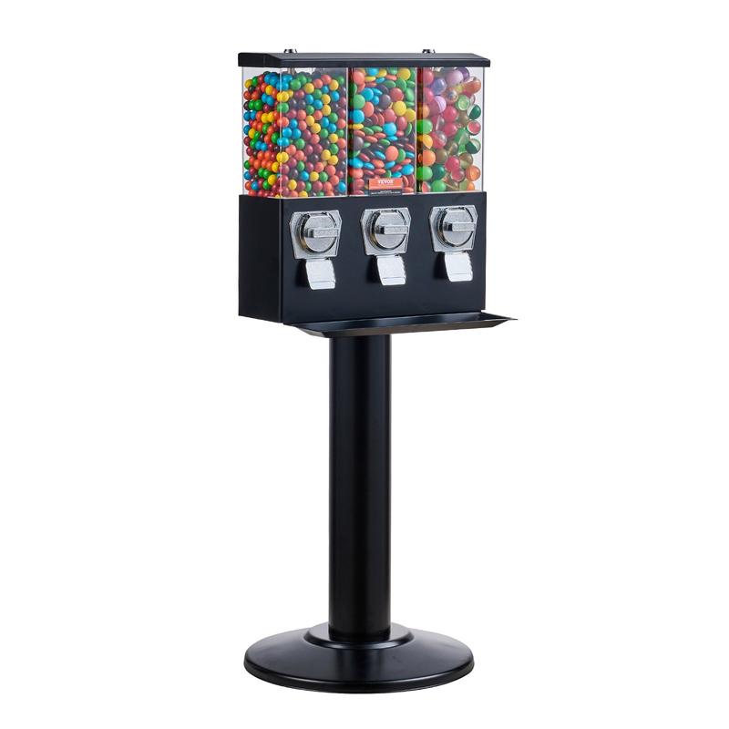 VEVOR Commercial Vending Machine, TikTokShopBlackFriday, Triple Compartment Candy Dispenser with Iron Stand, Gumball and Candy Machine for Business, Coin Operated Gumball Bank for Toy Capsules Bouncy Balls Candy Nut, Black