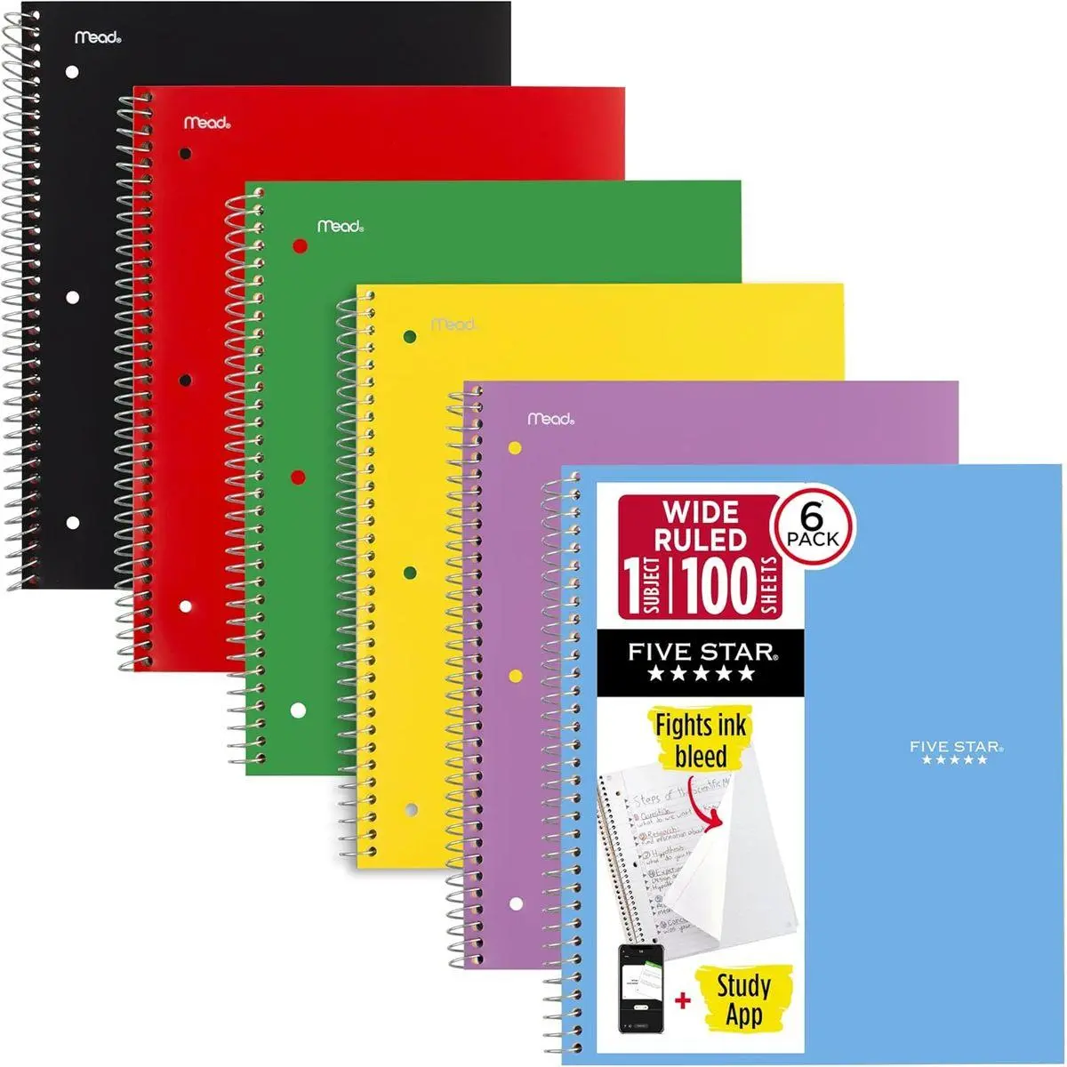 Spiral Notebook + Study App, 6 Pack, 1 Subject, Wide Ruled 8" x 10.5" Paper, 100 Sheets, Fights Ink Bleed, Water Resistant Cover, Assorted Colors (38042)