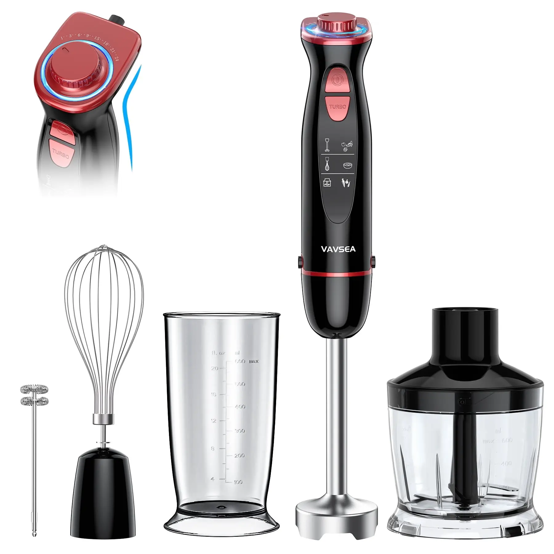 VAVSEA Immersion Blender, 1100W 5-in-1 Hand Blender, 24-Speed Stick Blender for Small Kitchen, Splash-Resistant Handheld Blender Mixer with Turbo Mode for Smoothies, Baby Food, Black