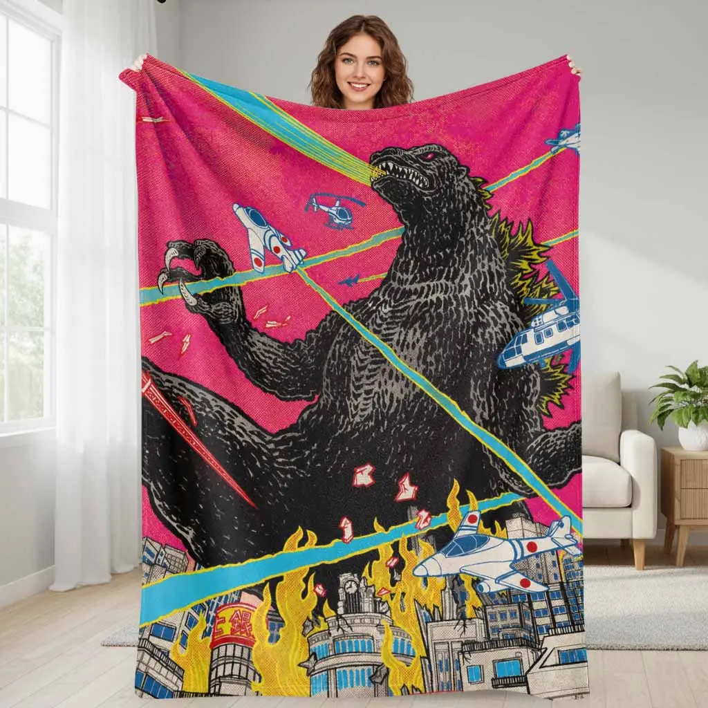 Minions & Monsters Themed Giant City Battle Retro Comic Print Flannel Blanket, Soft Warm Lightweight Throw for Sofa, Bedroom, Gift Decor, Minions & Monsters Themed Blankets