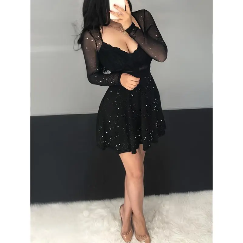 YYW1 Women's Lace Panel V-neck Mini Dress, Stretch Polyester and Spandex Blend Material, A-line Fit Waist, Black and White Spotted Mesh Skirt, Suitable Parties and Occasions, Lace Dress