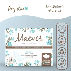 Maeves Regular Pads with Wings 12ct Ultra Thin Organic Silky Smooth Chemical Free Sanitary Napkin for Sensitive Skin
