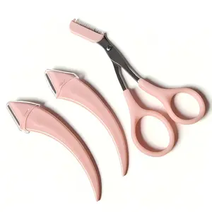 2Pcs Pink Curved Razor+Eyebrow Trimmer+Scissors, Bathroom Beauty Kit, Eyebrow Trimmer, Makeup Artist Recommended
