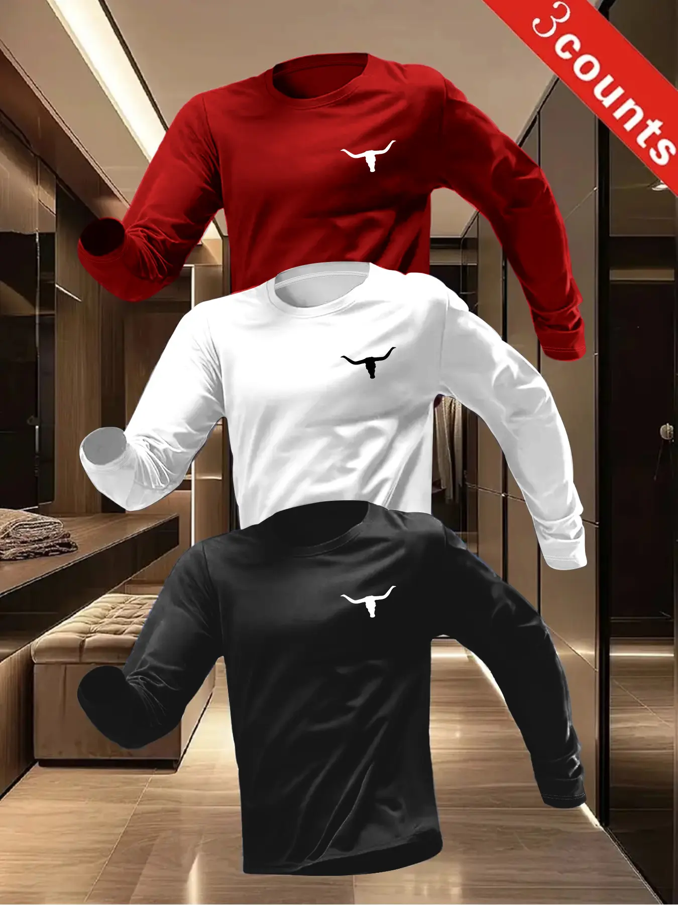 Men's 3-Piece Knit Animal Bull Head Print Crew Neck Long Sleeve T-Shirt Set Tops, Spring Outdoor Casual Streetwear Pullover Tee Knitwear, Pack of 3