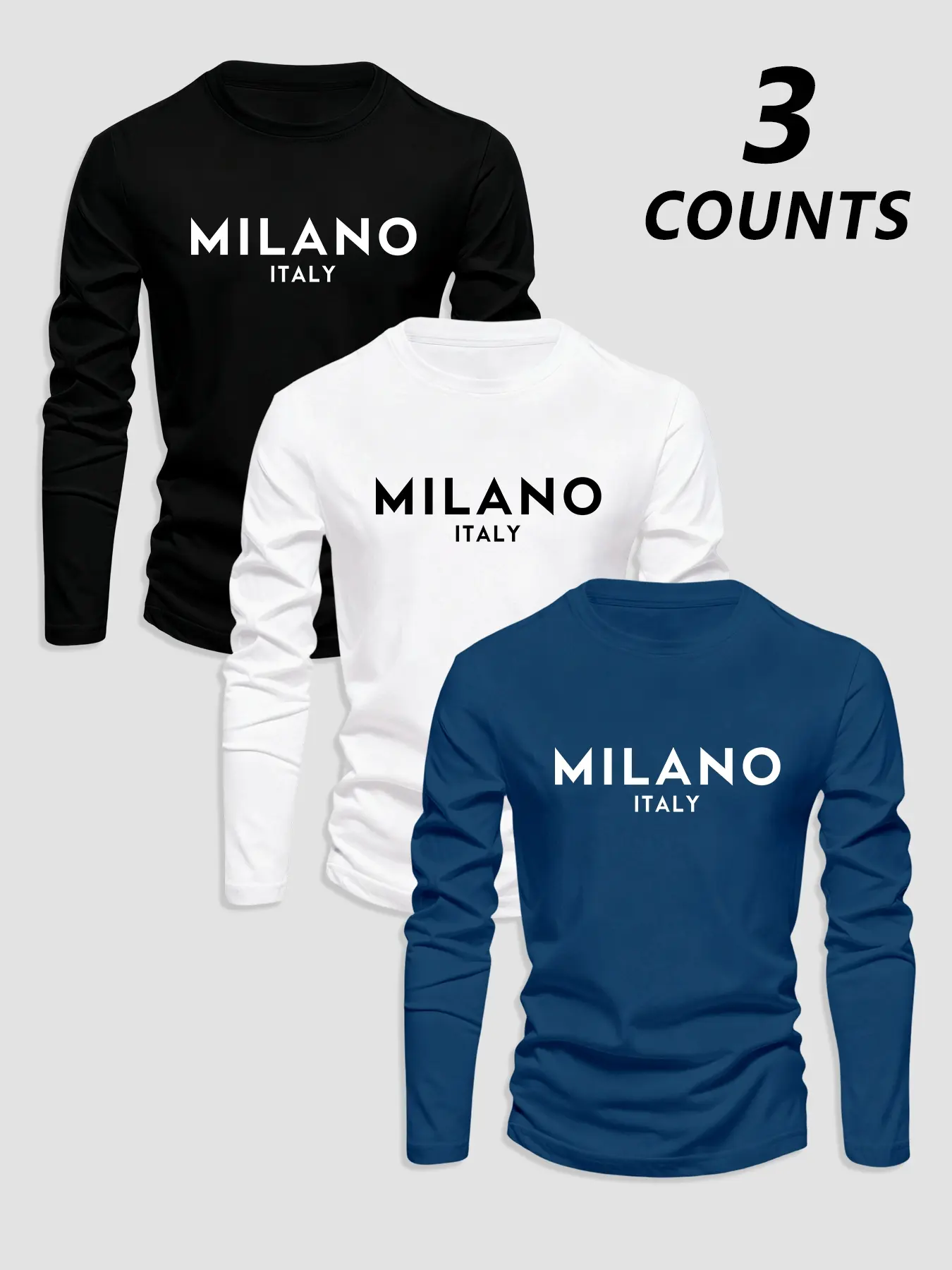 Men's Classic 3-Piece Set Letter Print Long Sleeve Knitwear T-Shirts Tops, Casual Fitted Bottom Layer Clothing for Fall & Winter Seasons