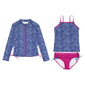 Girls Long Sleeve Rash Guard + Tankini Bikini Set (3 Piece) | "Ocean Breeze"