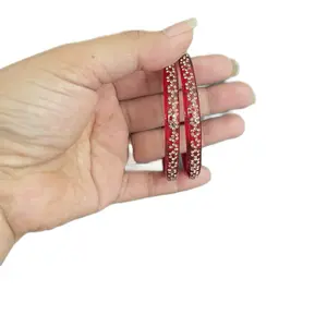 2-Piece Traditional Indian Nepali Cultural Red Zircon-Embedded Bangles Set, Shiny Luster Design, Versatile Styling Options