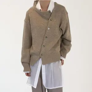 2025 Autumn Korean Style Asymmetrical Button Irregular Design Lazy Style Sweater Cardigan Round Neck Knitted Jacket for Women