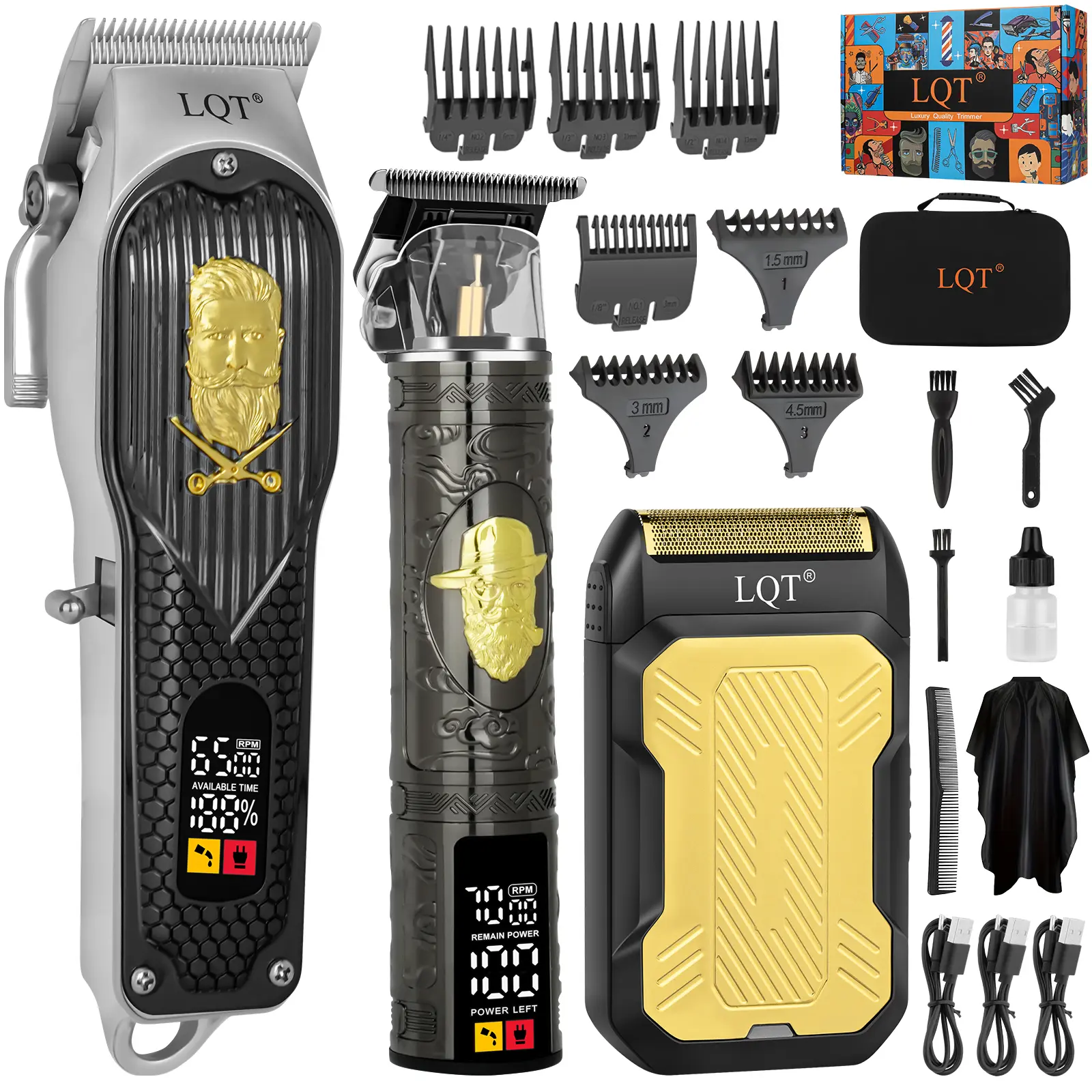 Men's 3-in-1 Adjustable Professional Cordless Hair Clipper Kit - Barber Trimmer Set with Beard Trimmer, Foil Shaver, LCD Display, USB Rechargeable & Multiple Grooming Accessories
