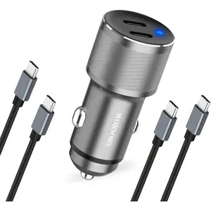 Dual 45W USB C Car Charger, 90W Max Super Fast Charging, All Metal 12V Cigarette Lighter Adapter for iPhone 17 Pro Max/16/15/iPad, Samsung Galaxy S25/S24, Google Phones with 2 Type C Cable 3.3ft Gray