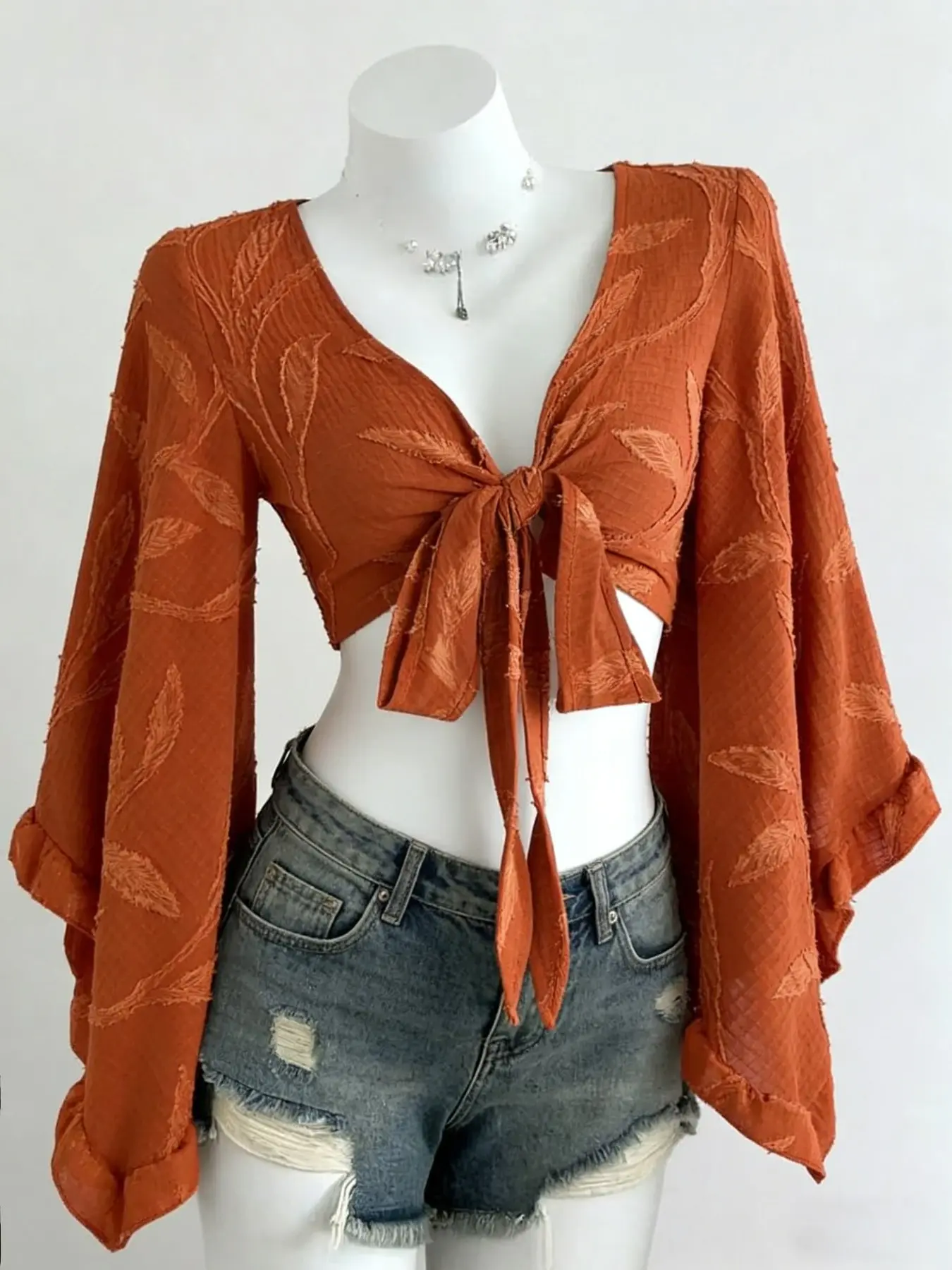 Women's Bohemian Inspired Flared Sleeve Tie Front Short Crop Blouse, Womenswear, Orange Leaf Textured V-Neck Top Boho Casual Top For Summer Casual & Party Outfits, Boho Tops