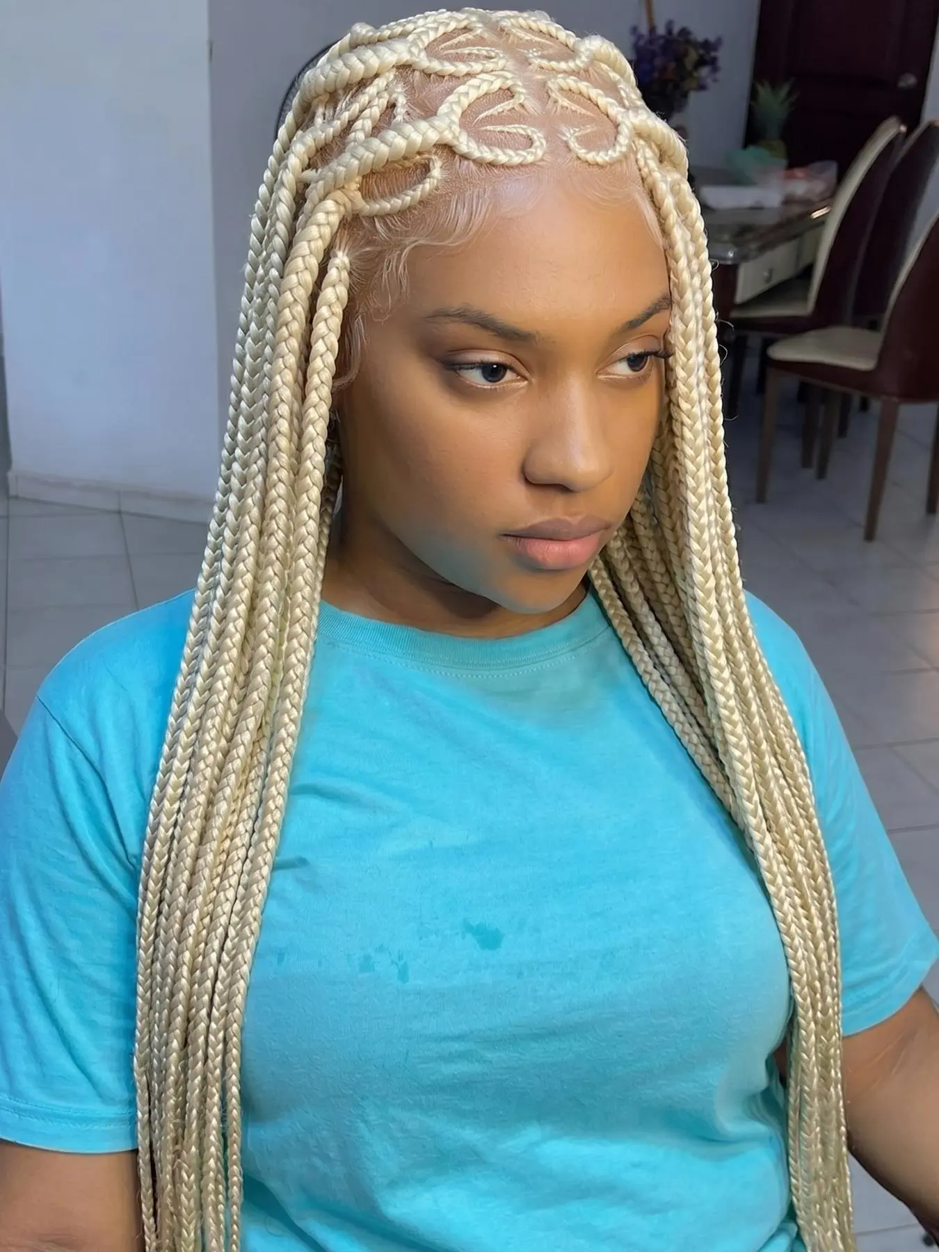 36" Synthetic Lace Braided Wigs Faux Locs Goddess Blonde Heart Box Braids Lace Wigs #613 Honey Blonde Cornrow Braided Wig Handmade Knotless Wig