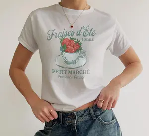 Fraises dEte Locale Strawberry Baby Tee, European Vibes Crop Tee, Women Y2K Top