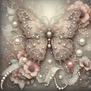 Pearl Butterfly Lace Flower 5D Full Drill Needlework Diamond Painting Kit Elegant Design with Shimmering Pearl and Floral Accents Romantic Vintage Art Style DIY Art for Home Wall Decor Ideal Gift for Elegant Art Fans and Craft Enthusiasts