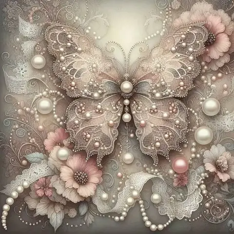 Pearl Butterfly Lace Flower 5D Full Drill Diamond Painting Kit Elegant Design with Shimmering Pearl and Floral Accents Romantic Vintage Art Style DIY Art for Home Wall Decor Ideal Gift for Elegant Art Fans and Craft Enthusiasts DIY Kits