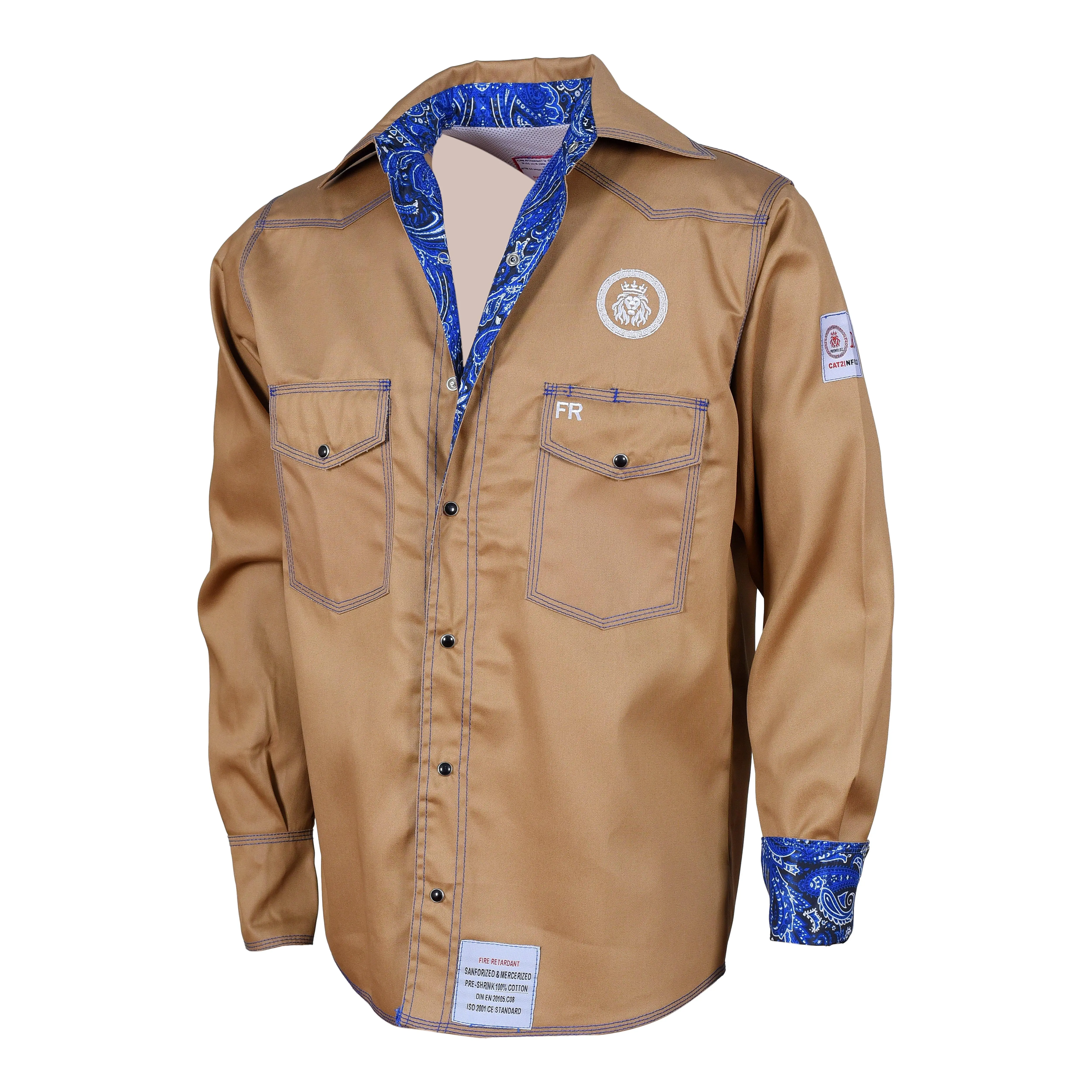 ProWeldz Men's Aesthetic Khaki Blue Paisley Long Sleeve Shirt, Casual Top for Special Occasions & Workwear