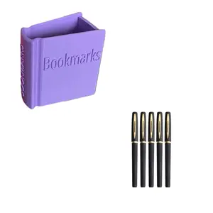 2-Piece Set 3D Printed Book-Shaped Bookmark Holder, 5 Gel Pens, Office Desk Organizer, Ideal for Writing and Gifting