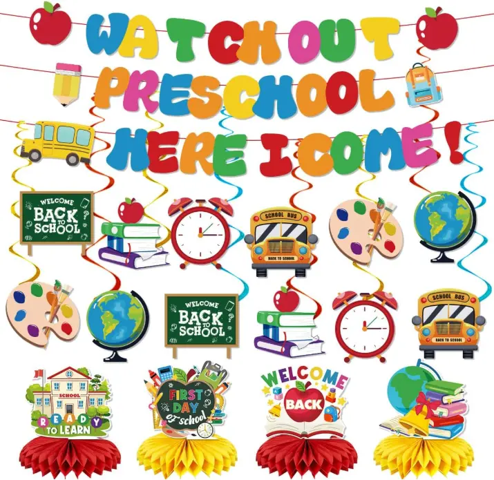 Back to School Festive Party Supplies Kit - Shiny Photo Print Ornaments, Watch Out Preschool Banner, Paper Hanging Swirls, Honeycomb Centerpieces, Backdrop for First Day Celebrations, Kids