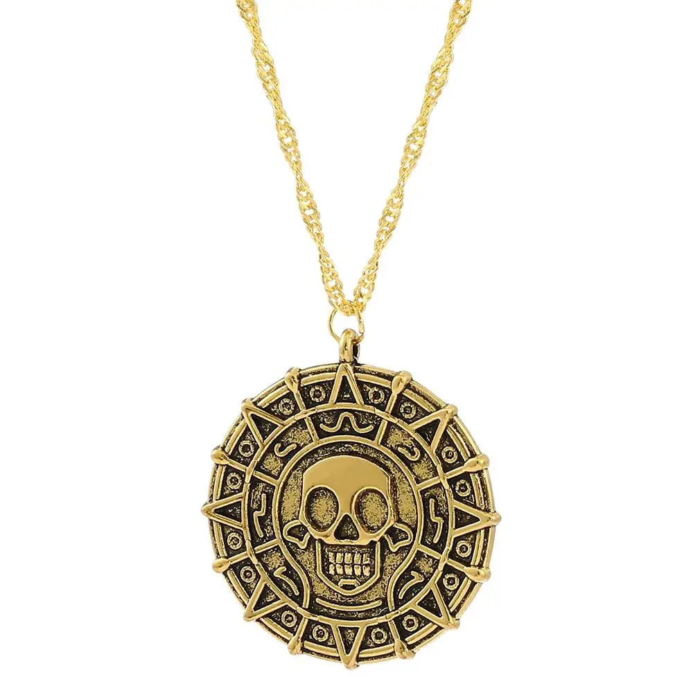 Jack Sparrow Aztec Skeleton Skull Coin Medallion Pendant Necklace, Vintage All-Seasons Costume Jewelry for Wholesale Fashion Accessories