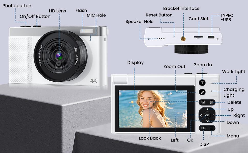 [Beginner Camera] 4K Digital Camera for Photography with 64MP, 3 Inch 180° Flip Screen, 16X Digital Zoom, 64GB Micro SD, Autofocus Vlogging Digital Camera White