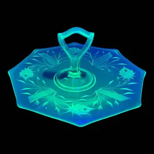 Ornate Rose Etched Hexagonal Uranium Glass Handled Serving Tray