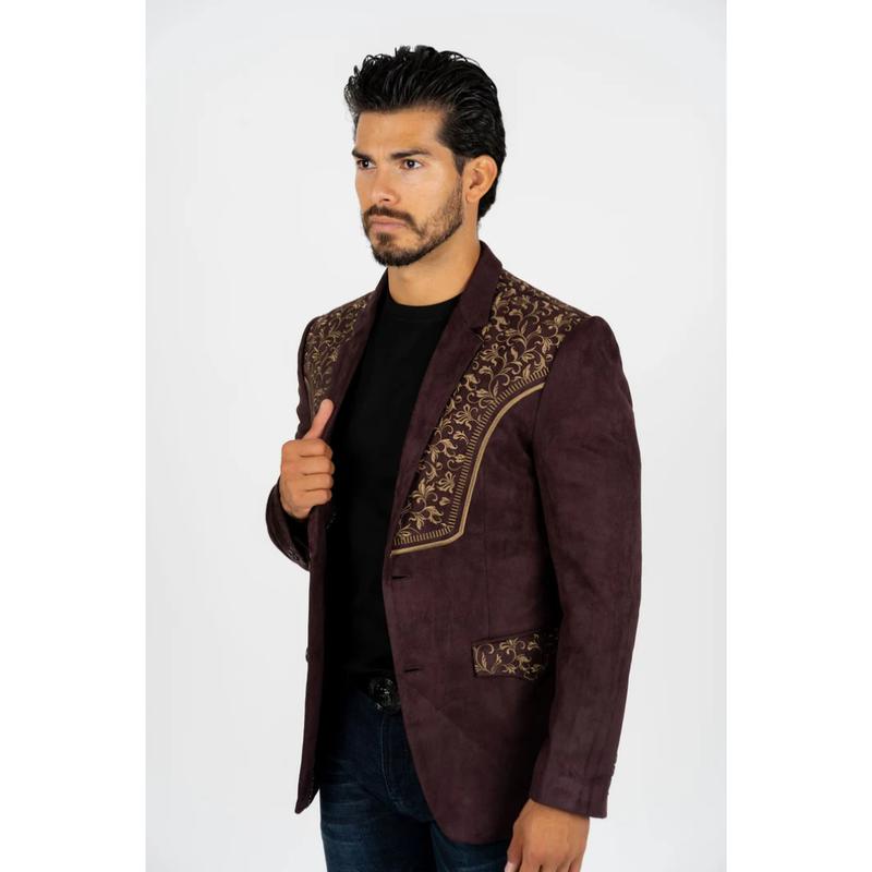 Platini Men's Brown Embroidered Suede Blazer