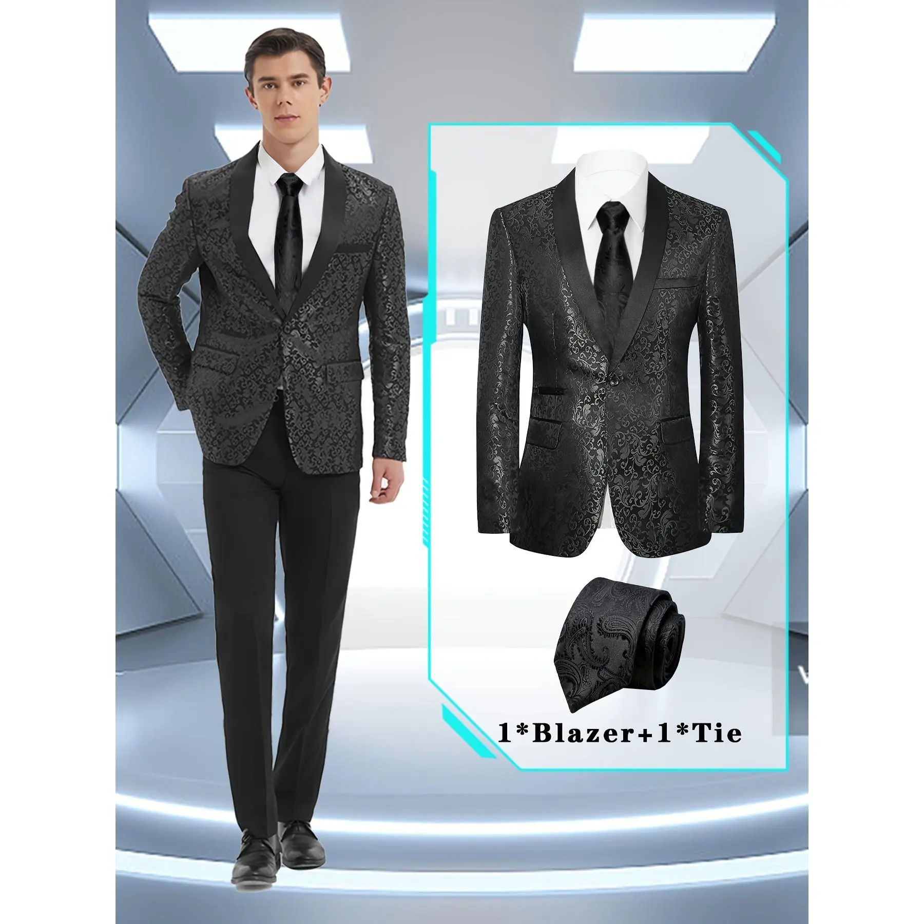 Men's 2-Piece Tuxedo Suit - Jacquard Floral Print Long Sleeve Shawl Collar Blazer with Tie, Polyester Formal Wear for Party, Banquet, Chic, Buttons, Menswear, Rayon, Fitted, Polyester Blend, Outerwear Suit, Medium Length, Includes Tie