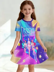 Girls' 3D Short Sleeve Dress, K-Pop Demon Hunters Full Print Summer Dress, Perfect for Parties, Festivals, Gifts, Birthday Presents