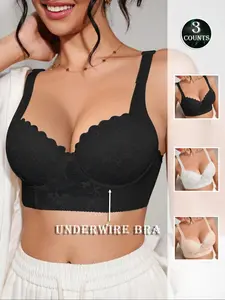 Comfortable Lace Patchwork Women's Steel Ring Bra, 1 Piece/2 Pieces/3 Pieces, Stylish Underwear for Everyday Wear, Underwire Bandeau Bra, Scallop Trim Bra