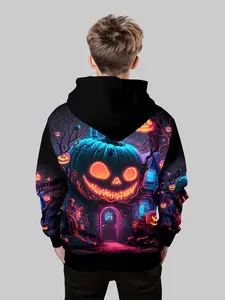 Boys' Halloween Hoodie, Lightweight Polyester Pullover with Soft Hood Design, Perfect for Pumpkin Party & Trick-Or-Treat