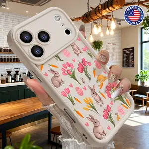 Cute Easter Bunny Tulip Pattern Case for iPhone 17 16 15 14 Pro Max 13 12 11 XR XS Plus Air Slim Lightweight Shockproof Anti Drop Durable TPU Cover