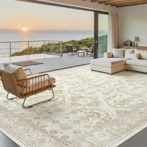ComiComi Premium Beige Area High Density Low-Pile Rug,Non Slip,Washable,Waterproof Rugs,Large Summer Thin Rug Perfect for Pets&Kids,Suitable for living room, Bedroom, Dining room,Vintage cottage carpet,Contemporary Rugs,Noise-Reducing & Shock-Absorbing