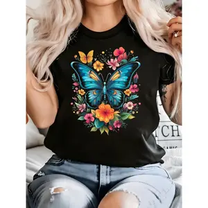 Lady's Casual Style Butterflies Print Short-Sleeve Crew Neck Cotton Sports Top, Breathable Elegant Floral Accent T-Shirt for Outdoor Activities,summervibes