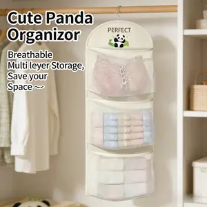 Adorable Panda Hanging Organizer 3 Shelves, Breathable Mesh Closet Storage Bag for Clothes Toys, Foldable Over Door Wardrobe Shelf Space Saver