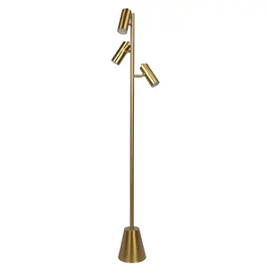 Lumina Brassed Gold Floor Lamp with Rotary Switch Triple Spots Metal Cone Base