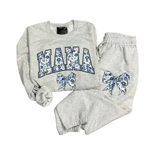 Blue Floral Custom Name Bow Sweatshirt or Joggers