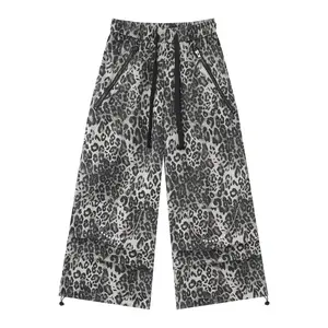 Flooo Leopard Print Wide Leg Cargo Pants Women's Streetwear Joggers with Elastic Waist & Drawstring Hem