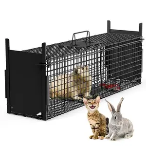 32in Galvanized Iron Humane 2-Door Live Animal Cage Trap for Small Animals Under 12LBS (Rabbits) - Easy Setup, Acrylic Ant Farm Terrarium, Hamster Tunnel & Tubes, Collapsible Pet Mice Hideout, Bunny Habitat Accessory Double Doors Cage Durable Iron Cage