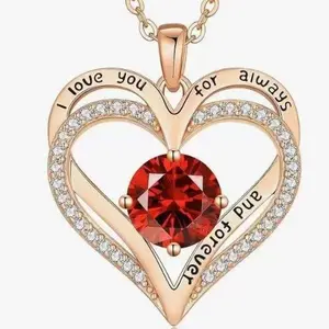 I Love You Forever" Heart Birthstone Necklace, Rose Gold Double Layer Pendant, Romantic Gift for Her