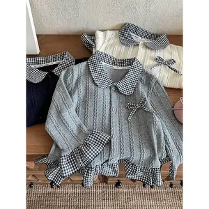 Girls' plaid patchwork knitted cardigan, new doll collar lace-up sweatshirt, sweet and versatile two-piece design for toddlers and young children, soft texture, elegant skirt with exquisite vintage style