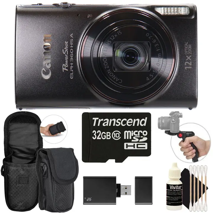 Canon PowerShot ELPH 360 HS A Digital Camera (Black) + 32GB MicroSD Transcend Memory Card + Neoprene Compact Protective Carrying Case + Vivitar Pistol Grip Tabletop Tripod + Memory Card Reader + Three Piece Cleaning Kit