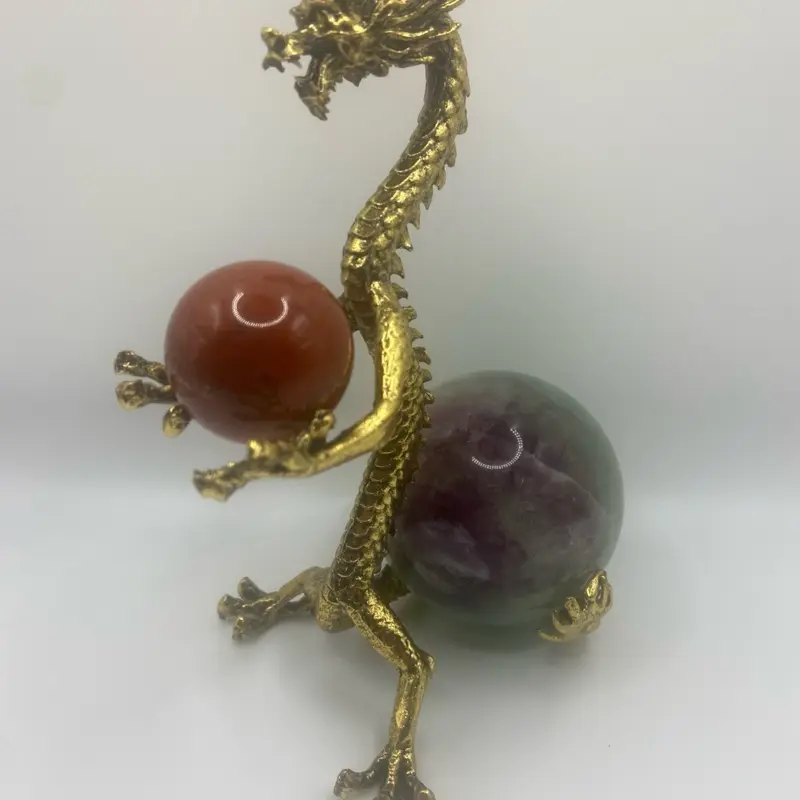 Metal Dragon Holding Natural Red Jasper Sphere And Fluorite Sphere Crystal