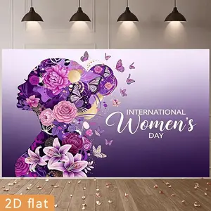 1PC,2D Flat Backdrop International Women's Day Decorative Backdrop, Purple Floral Female Silhouette with Butterflies Theme Party Photo Backdrop, Photography Background Curtain for Women's Day Event De, Floral Print