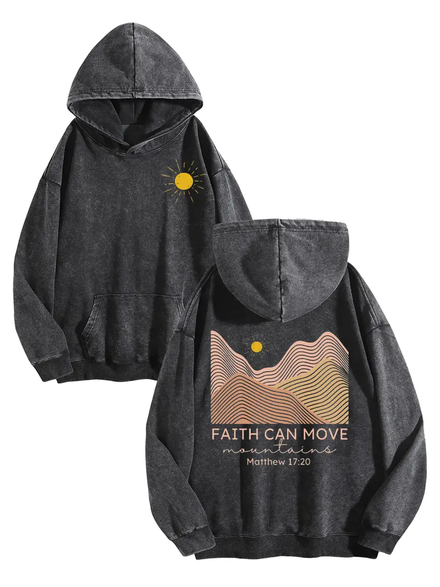 Hoodies for Women, Vintage Faith Can Move Mountains Graphic Sweatshirt, Oversized Acid Wash Long Sleeve Pullover Top, Longsleeves, Digital Print, Cotton Blend, Fabric, Loose
