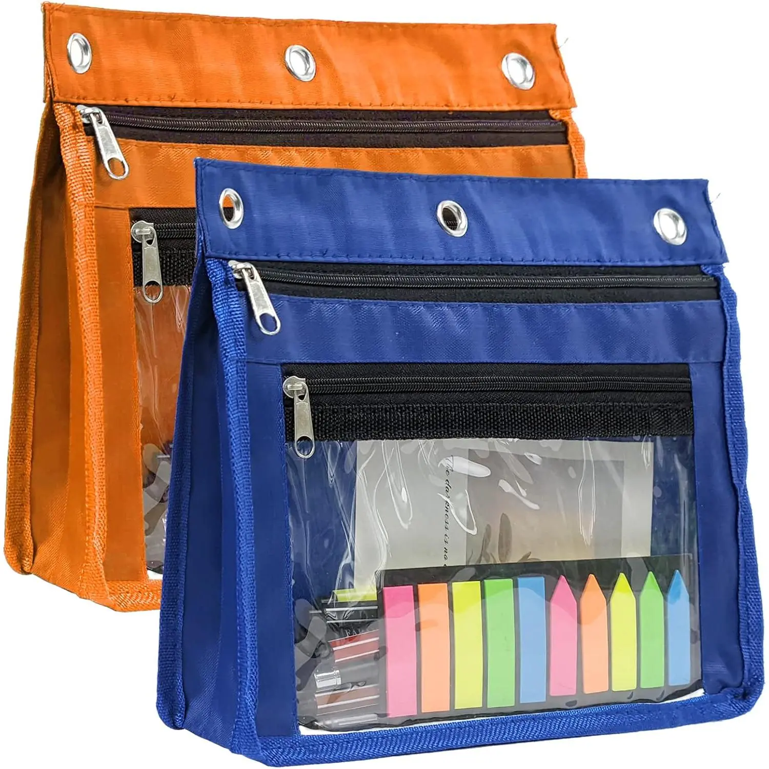 2 Pack 1 Inch Expandable Zipper Pencil Pouches with Clear Window for 3 Ring Binder, Suitable for School & Office (Orange+Blue)