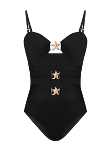Women's Starfish Decor One-piece Swimsuit, Casual Solid Color Swimwear for Beach Holiday Vacation, Ladies Swimsuit for All Seasons